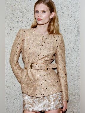 Taupe Brown Tweed Belted Blazer